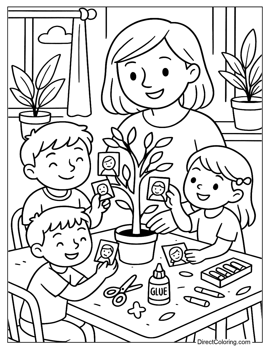 coloring page A family crafts a family tree, hanging pictures of members on the branches